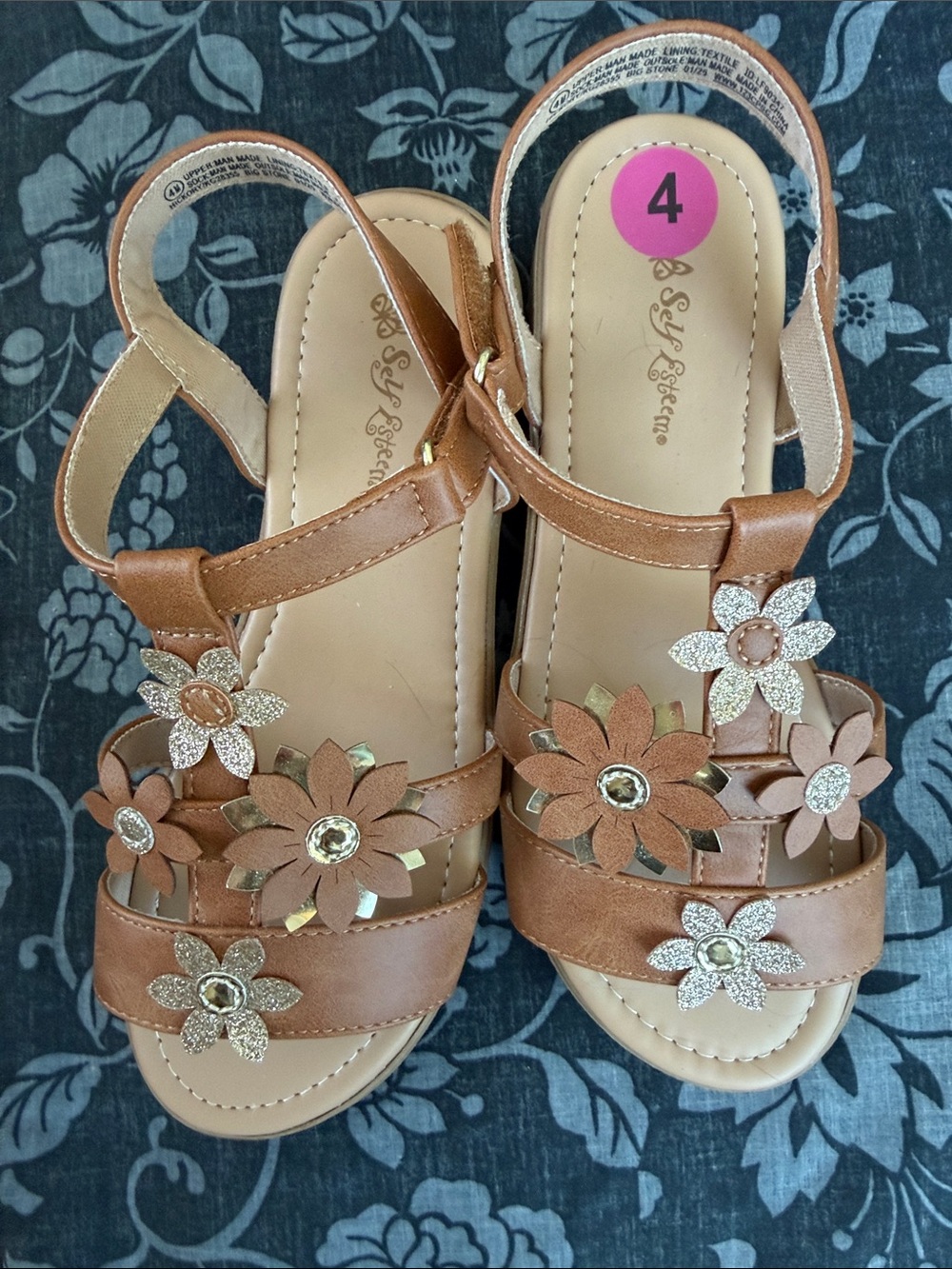 Girls Brown Floral Strap Sandals - Size 4 by Self Esteem